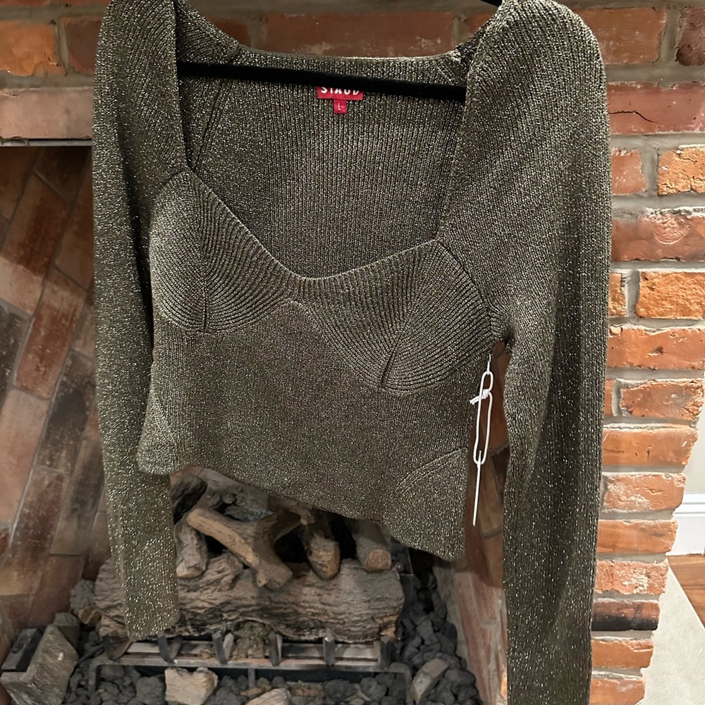 STAUD Green V-Neck Sweater with Fitted Silhouette